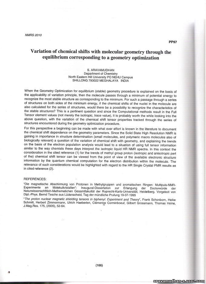 Page of NMRS2010 Abstract book containing Aravamudhan's Abstract: Click on image for enlarged view